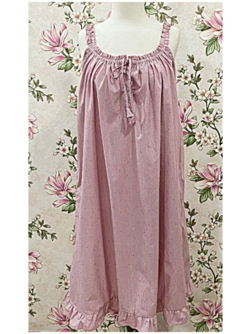 SoieRose Dusty Rose Pinstripe 100% Cotton Victorian Ruffle Hem Nightgown -SR1300